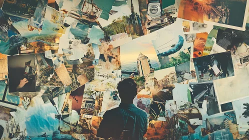 Silhouetted viewer studies expansive photographic collage wall