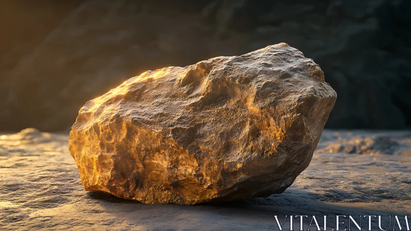 Sunlit rocky boulder renders hyperreal surface geometry