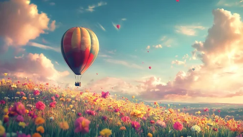 Gentle hot air balloon drifts above a glowing flower meadow
