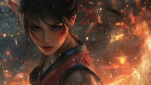 Blade-hearted warrior in emberstorm fury, eyes of resolve.