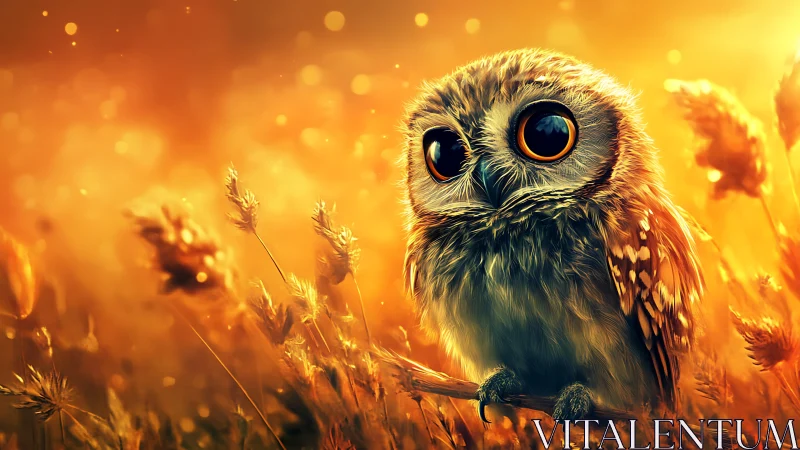 Adorable Baby Owl in Vibrant Golden Wheat Field, Digital Art.