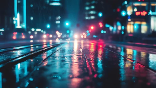 Neon city streetcar rails glowing on wet midnight asphalt.