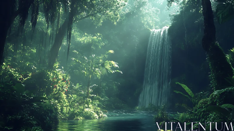 Waterfall within dense forest canopy with tropical vegetation.