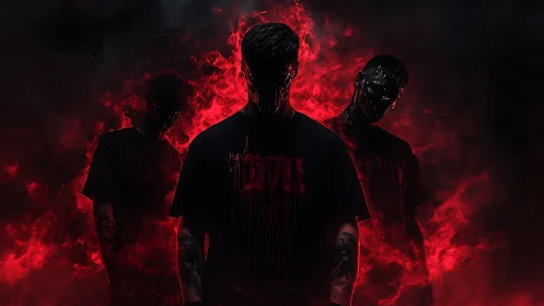 Digital painting of faceless trio in infernal red smoke field.