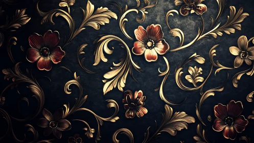 Gilded midnight florals swirling across dark velvet night.