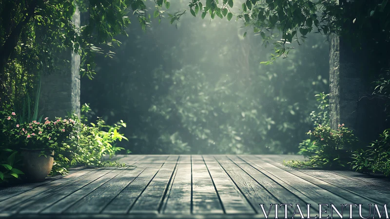 Sunlit wooden terrace frames lush secluded garden view.