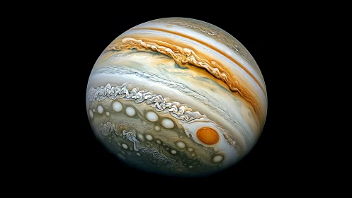 Jupiter’s swirling marble storms in luminous cosmic closeup.
