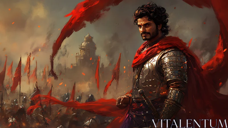 Fiery red banners crown a resolute warrior before battle.