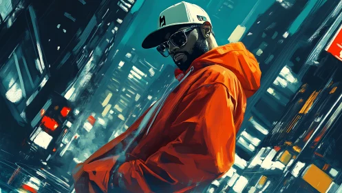 Urban street portrait with neon city lights and orange hoodie.