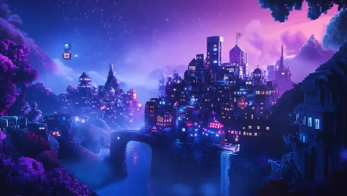 Dreamy neon voxel city glowing under a starry twilight sky.