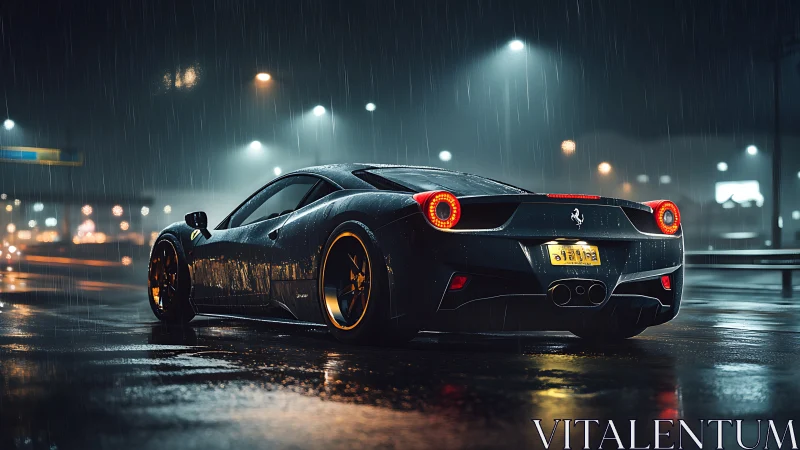 Black sports car on wet city street at night in rain.