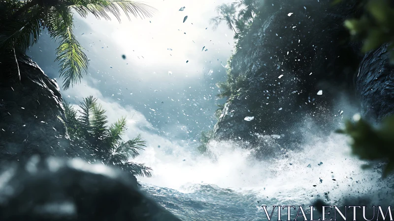 Tropical Waterfall Cascade Through Dense Jungle Canyon.