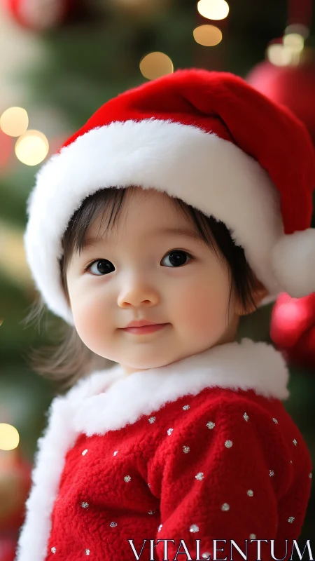 Smiling toddler in Santa suit before glowing Christmas tree.