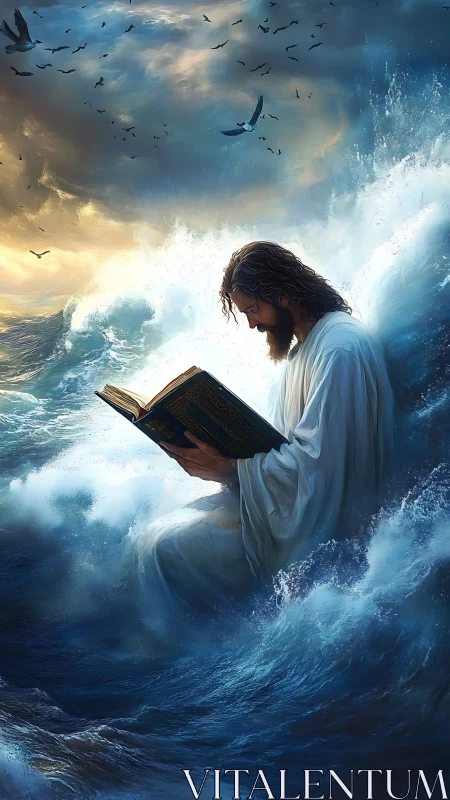 Digital painting of serene robed figure reading amid stormy sea.
