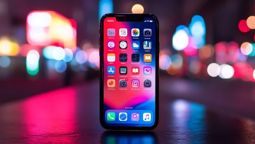iPhone XS Max with iOS Interface Against Bokeh Cityscape Background