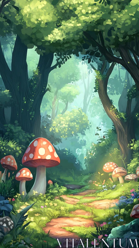 Enchanted Forest Glade: Luminescent Canopy with Agaric Clusters and Chromatic Path