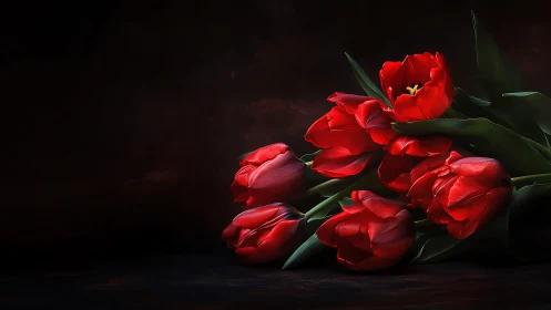 Red Tulips Arranged Under Directional Illumination Against Dark Surface.