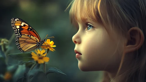 Child profile and monarch butterfly in shallow-focus dialogue.