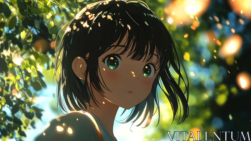 Sunlit forest girl caught in a quiet, glowing daydream.
