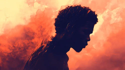 Side-profile silhouette in fiery orange atmospheric clouds