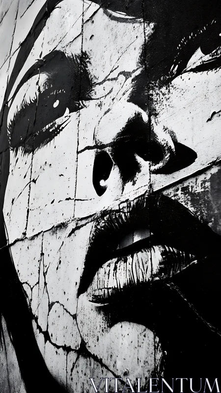 Monochrome fragmented portrait mural on cracked surface.