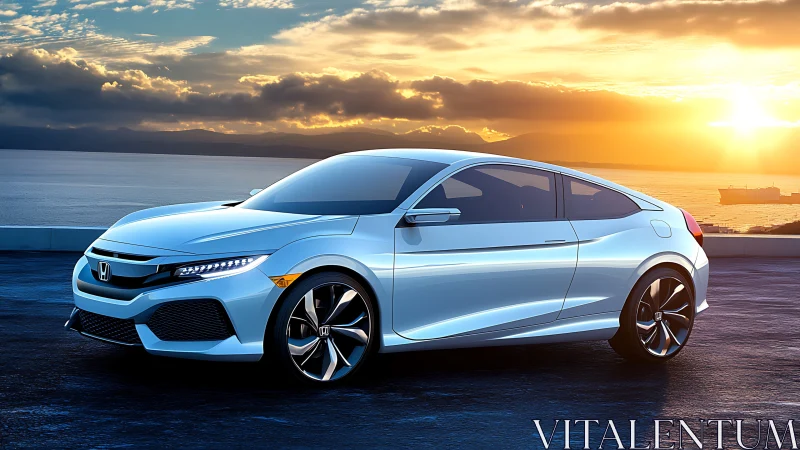 Sleek white Honda coupe stands beside ocean at vivid sunset