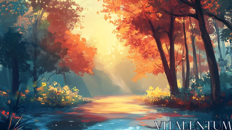 Woodland Stream with Autumn Foliage and Sunlight.