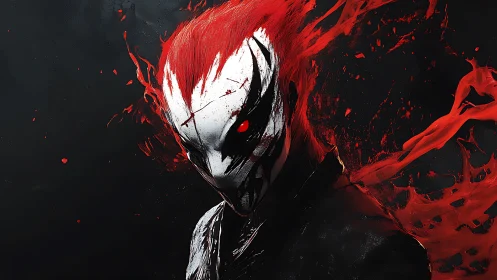 Masked figure with red energy and stark contrast portrait.