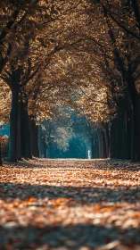 Golden autumn tree tunnel glows above a tranquil forest path