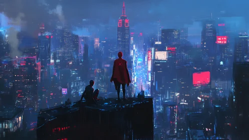 Cyberpunk skyline vigil with twin heroes on neon drenched ledge.