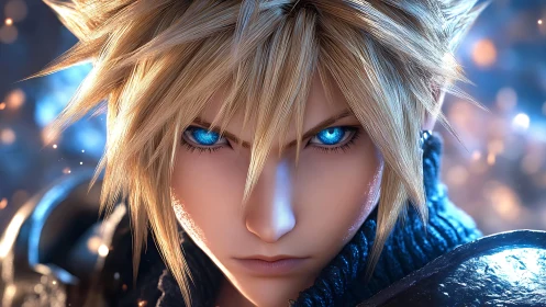 Cinematic blue-eyed swordsman in high-detail digital portrait.