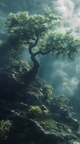 Solitary bent tree stands on rocky slope in diffused light