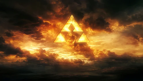 Glowing golden triangle symbol rises over a stormy sunset sky