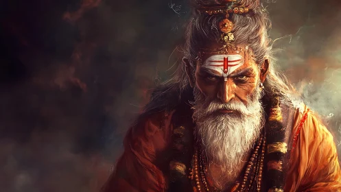 Mystic sage portrait with fiery aura and sacred markings.