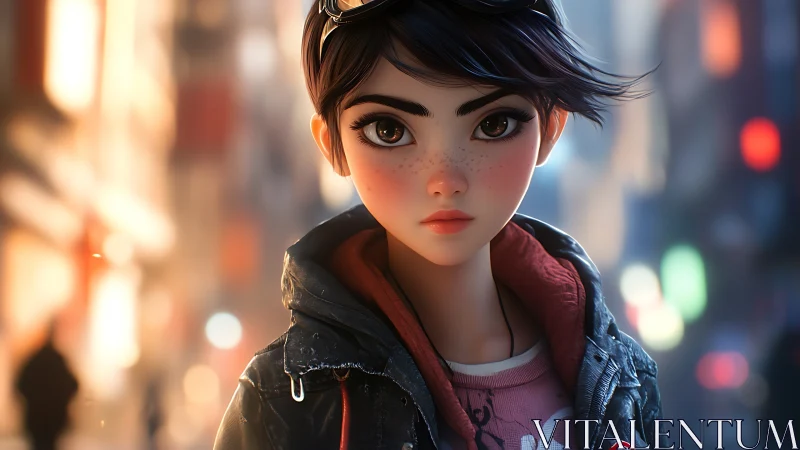 Stylized young woman in urban night street environment.