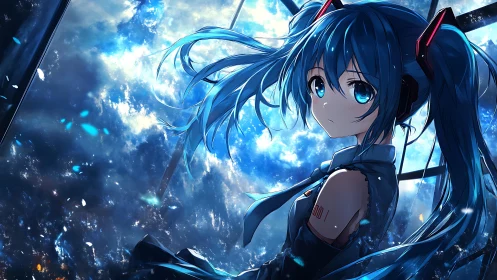 Cel-shaded blue-haired girl with backlighting against cosmic debris field