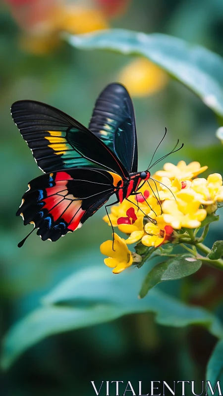 Butterfly rests on yellow flowers in shallow depth of field
