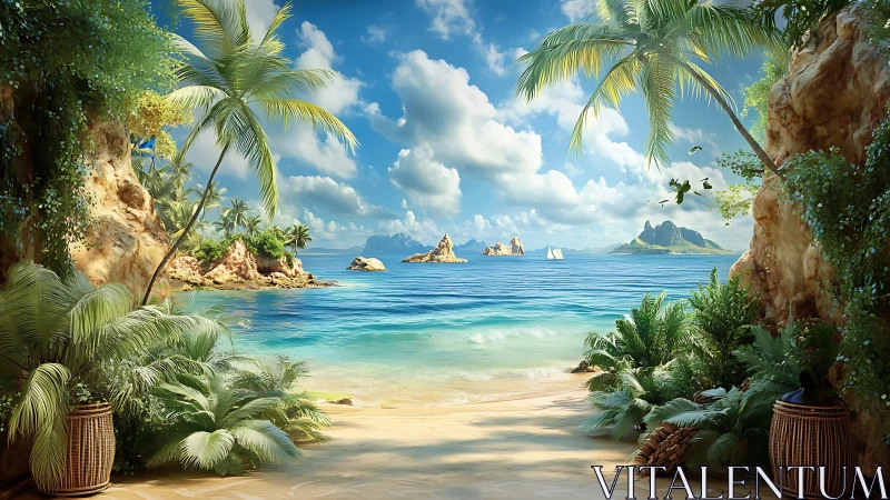 Tropical Cove with Island Views Through Rock Archway