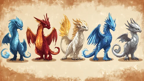 Five elemental baby dragons stand in a horizontal lineup