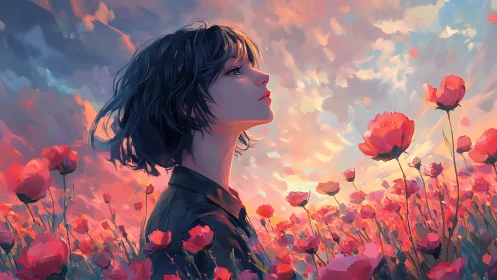 Soft evening sky cradles a thoughtful girl in warm flowers