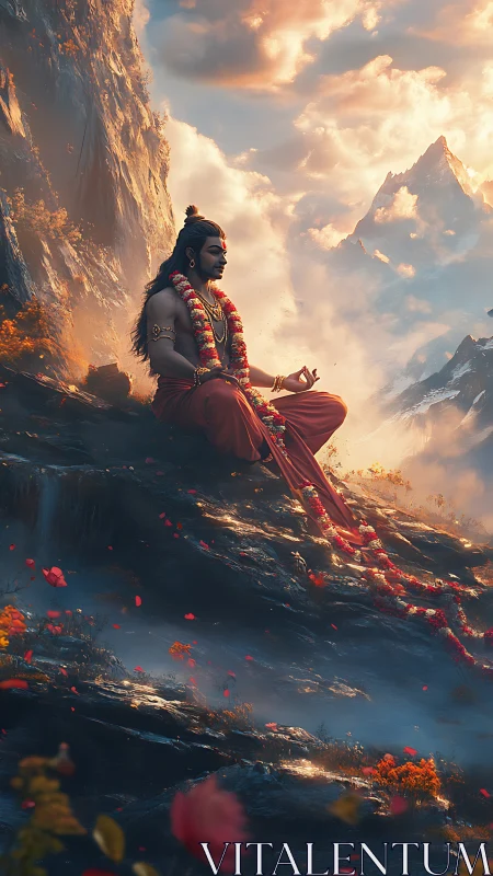 Meditating figure sits on rocky mountain ledge at sunrise