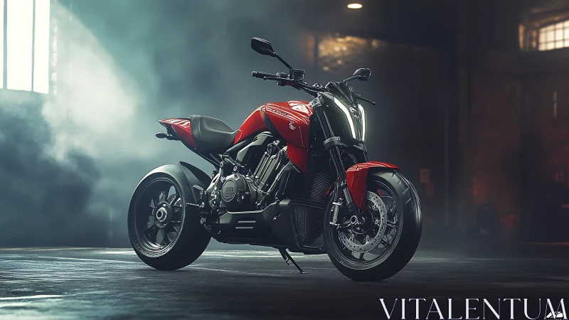 Photorealistic red sport motorcycle in cinematic warehouse lighting.