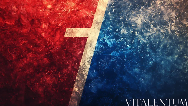 Abstract red and blue textured split background with bold stripe.