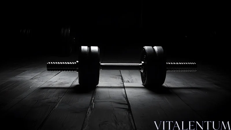 Low-key photorealistic dumbbell on textured wooden floor.