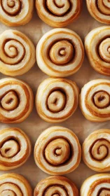 Cinnamon rolls arranged on parchment paper, top-down view