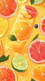 Citrus drink illustration with sliced fruits and bubbles.