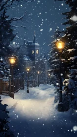 Snow-laden avenue leads to illuminated clocktower at dusk