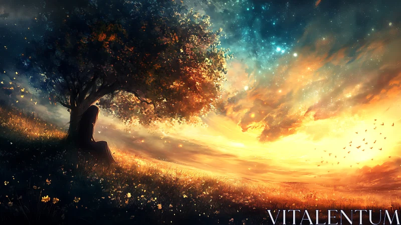 Luminous sunset meadow with solitary figure under tree.