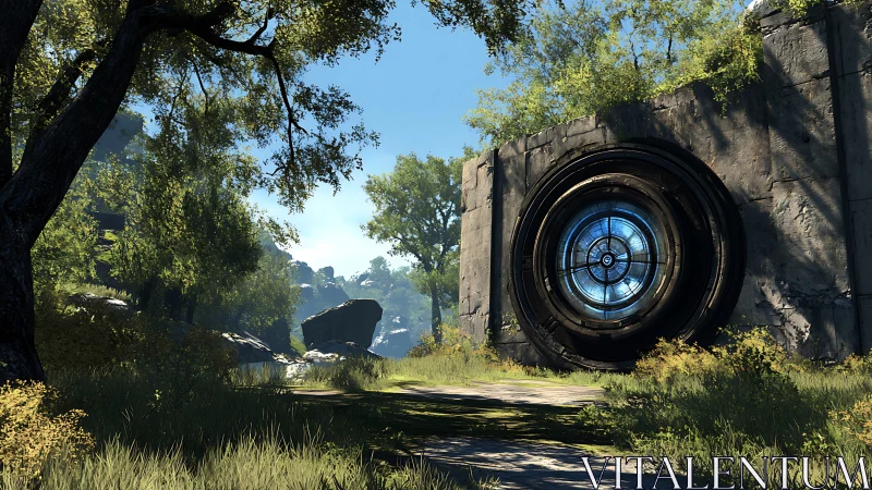 Circular metallic structure in overgrown forest clearing.