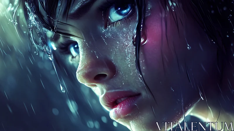 Close-up digital portrait of wet face in blue-toned rain.
